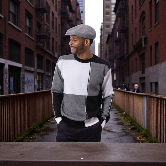 MONTIQUE MENS REGULAR FIT BLACK/WHITE XTRA SIZE COLOR BLOCK KNIT SWEATER. SW101.